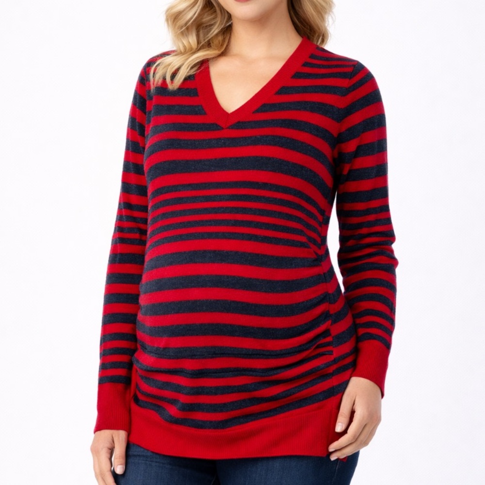 Liz Lange Maternity red gray stripe v-neck cotton blend sweater size small
